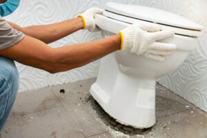 Workerman,performs,repair,of,toilet,bowl,,to,repair,the,pipe